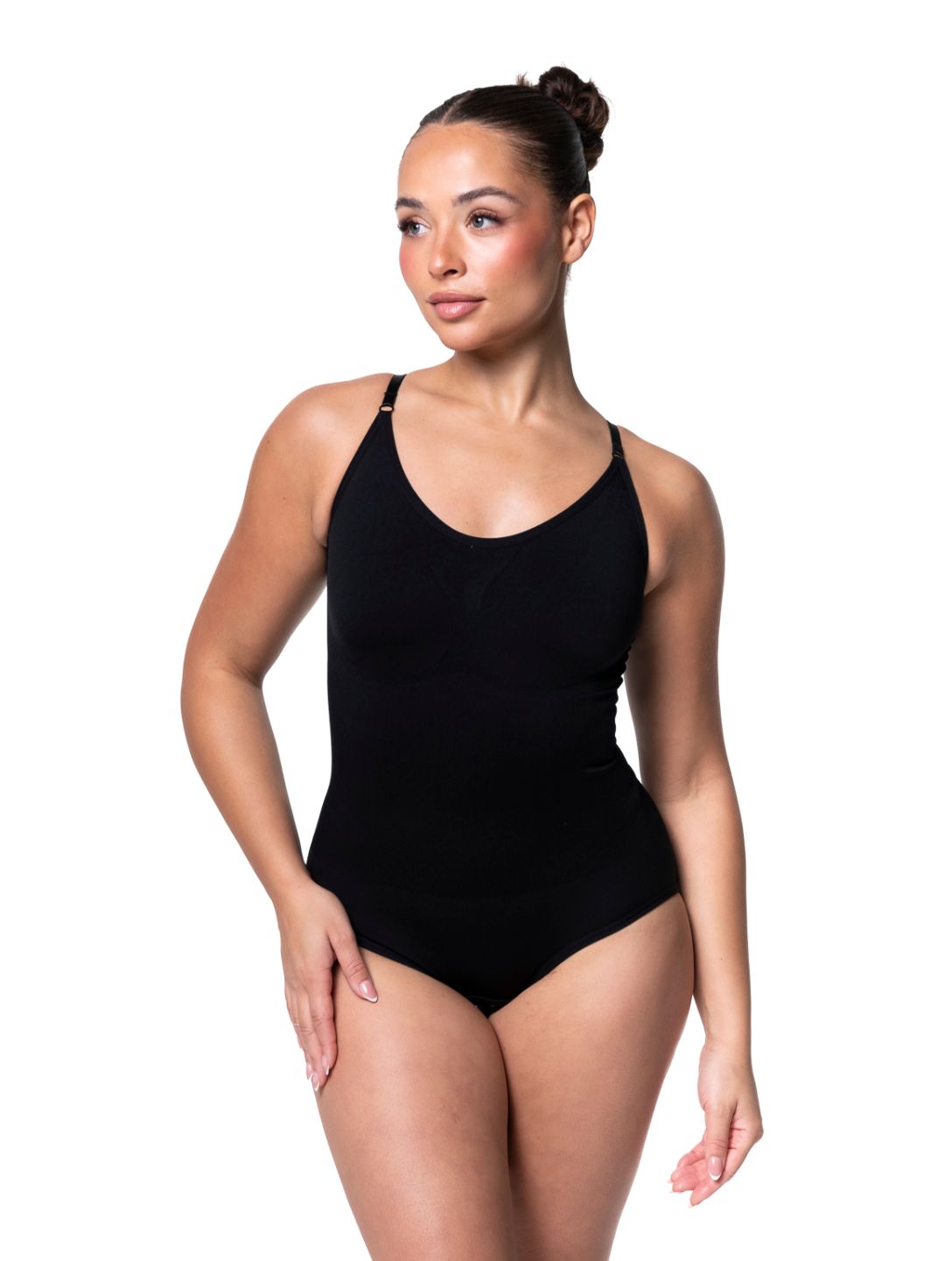 Seamless black tummy-control shaping bodysuit, front view