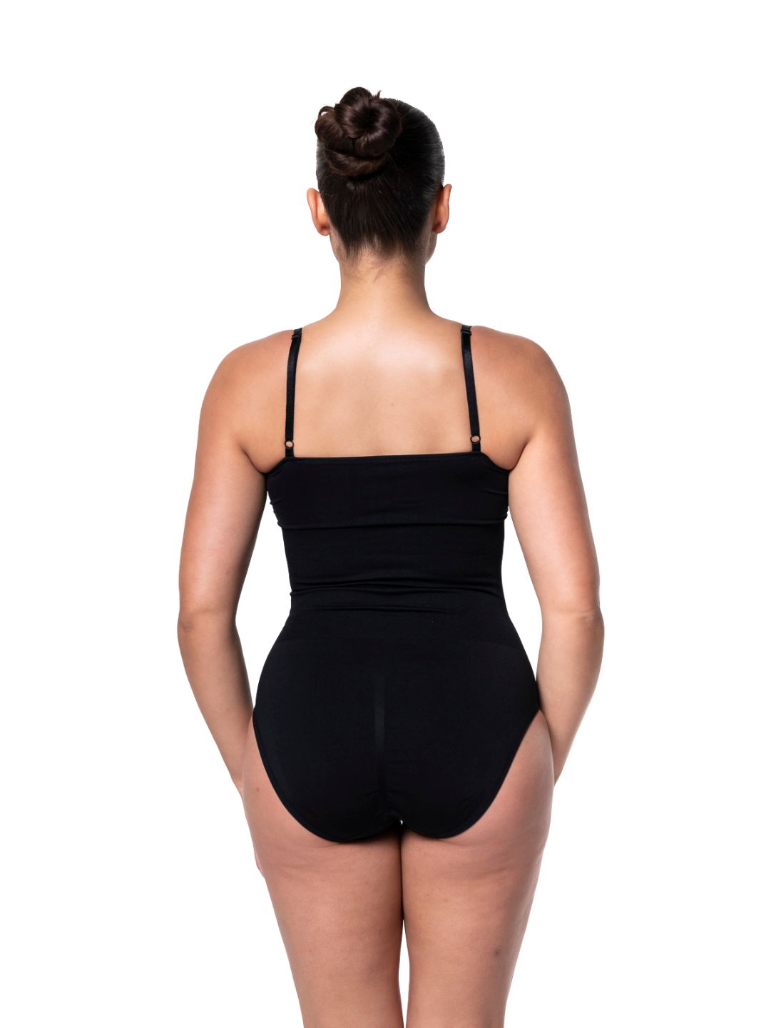 Black sculpting bodysuit shown on model, side profile