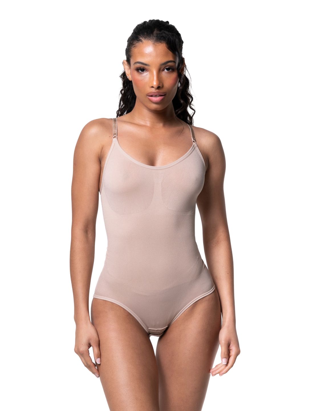 Nude tone seamless shaping bodysuit, front view